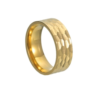 Men's 8mm gold titanium steel ring featuring a unique hammered vintage texture finish
