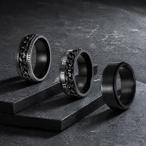 Men's Black Titanium Steel Spinning Rings Set Featuring Chain Link Roman Numerals And Matte Finish Band Rings Punk Fashion Jewelry