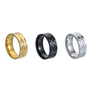 Set of three 8mm hammered titanium steel rings in gold, black and silver for men