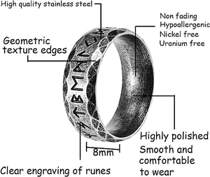 Detail of 8mm Viking rune ring showing hammered texture and polished inner band