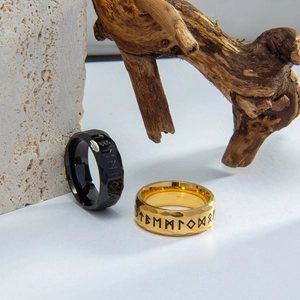Vintage Viking runes rings in black and gold finish with textured hammered surface