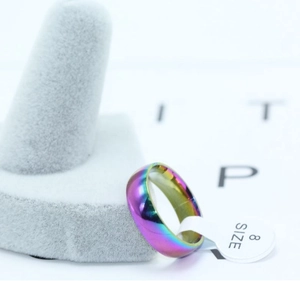 Macro view of rainbow stainless steel band ring with polished metallic finish size 8