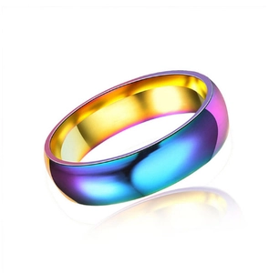 Macro shot of titanium steel ring with blue-purple gradient finish and gold inner band