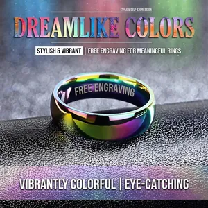 Rainbow gradient stainless steel ring featuring minimalist design and personalized engraving