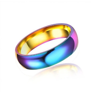 Rainbow gradient stainless steel ring for men with golden inner band and 45-degree view