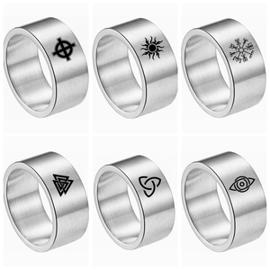 Bagues en acier titane argenté mat 10mm avec runes nordiques et gravures nœud celtique