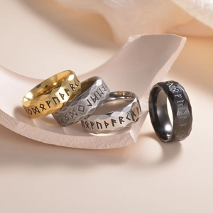 Vintage Viking Nordic Rune Ring For Men Women Titanium Steel Distressed Faceted Band Runic Alphabet Mystical Culture Jewelry