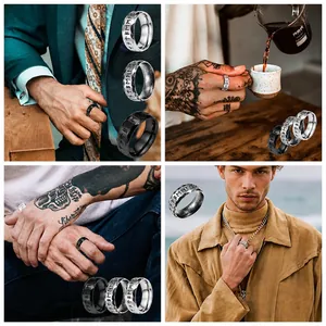 Vintage Viking Nordic Rune titanium steel rings in silver and black finishes for men