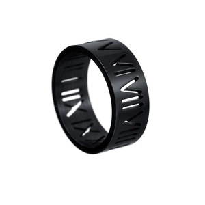 Anillo de 8mm en acero inoxidable negro mate con números romanos calados para hombre y mujer