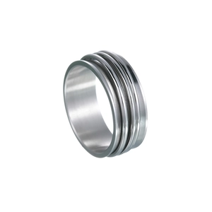 Close-up showing parallel groove textures and polished finish on the titanium steel ring