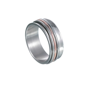 Polished silver and rose gold spinner ring with multi-layer titanium steel design
