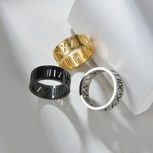 Detalle de los anillos con números romanos calados en acabados oro, negro y plata