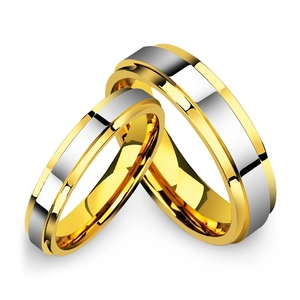 Polished gold and silver two-tone tungsten couple rings with stepped beveled edges