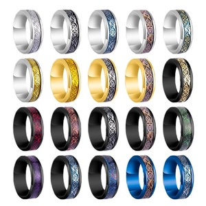 Polished Celtic dragon pattern rings for men in various metallic colors and inlay finishes