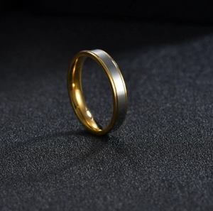 Macro shot of minimalist tungsten steel ring with two-tone silver and gold plated design