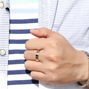 Close-up of men's two-tone tungsten steel ring with gold mirror edges on male hand