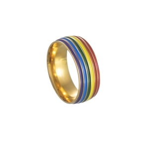 Macro detail of golden stainless steel ring featuring vibrant six-color rainbow enamel inlay
