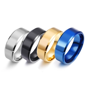 Polished beveled edge titanium steel rings in silver, gold, blue and black finish