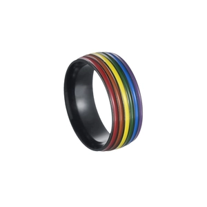 Rainbow pride ring with six color enamel stripes and matte black stainless steel band