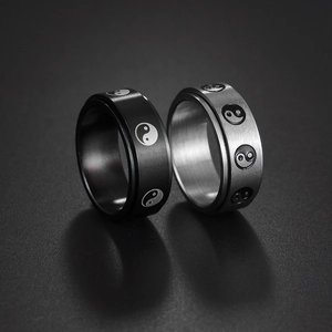 8mm stainless steel rotatable Tai Chi spinner ring for men in black and silver