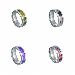 Polished titanium steel rings set with colorful faux opal stone inlays for couples