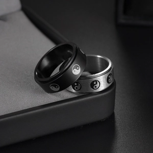 8mm stainless steel spinner ring with tai chi pattern for stress relief in black and silver
