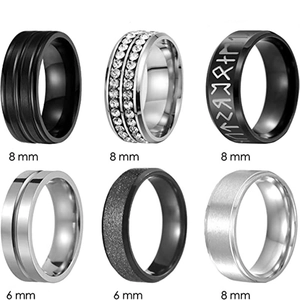 Ensemble de 6 bagues en acier titane noir et argent de largeurs 6mm et 8mm pour tous