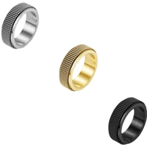 Roestvrijstalen spinnerringen in zilver, goud en zwart met geweven gaastextuur design