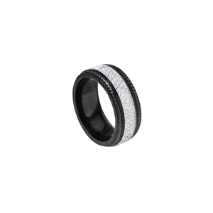 Industrial style black and silver titanium steel ring with gear edges and meteorite texture
