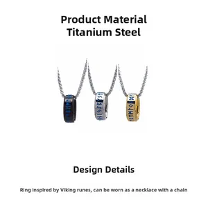 Macro detail of titanium steel Viking rune ring necklaces in black silver and gold