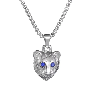 Silver punk panther head necklace with deep blue eyes and rugged steel chain links