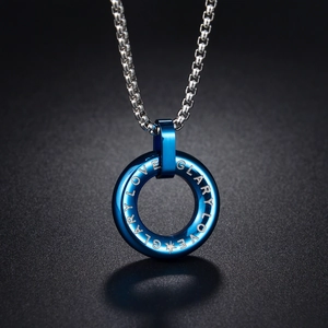 Modern Titanium Steel Blue Round Circle Pendant Necklace With LOVE GLARY Engraving Stainless Steel Box Chain Unisex Jewelry