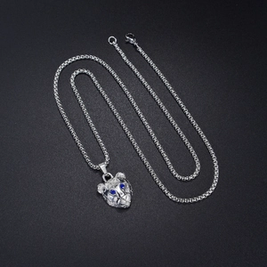 Silver stainless steel panther head pendant necklace with blue gem eyes and box chain