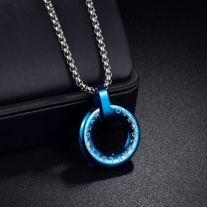 Titanium steel couple necklace with blue round pendant and LOVE GLORY engraving