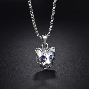 Punk Style Stainless Steel Leopard Head Pendant Necklace With Blue Zirconia Eyes For Men Women Hip Hop Jewelry Silver Tone