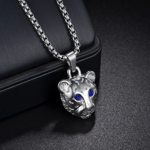 Punk style silver stainless steel leopard head pendant necklace with blue gemstone eyes