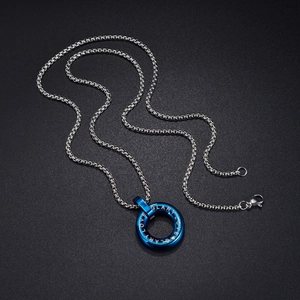 Titanium steel couple necklace with dark blue GLARY LOVE ring pendant on a silver box chain