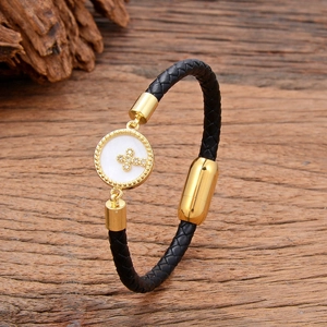 Retro Men Woven Leather Bracelet With Stainless Steel Magnetic Buckle Copper Zirconia Cross Pendant Religious Jewelry