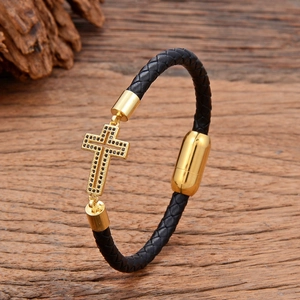 Men's black braided leather bracelet with golden crystal cross and magnetic clasp