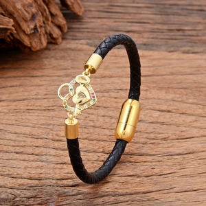 Mode Gevlochten Leren Armband Met Hartslot Sleutel Hanger Roestvrijstalen Magneetsluiting Kleurrijke Zirkonia Ingelegde Armband Voor Vrouwen Sieraden