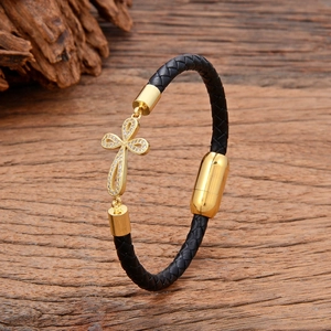 Braided black leather bracelet with gold cross pendant and magnetic clasp for men