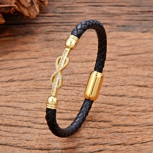 Bracelet en Cuir Noir Tissé à la Main Avec Cuivre Doré Infini Géométrique Zirconia Incrusté Fermoir en Acier Inoxydable Bijoux de Mode Unisexe