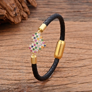 Boho Damen Lederseil Armband Mit Edelstahl Magnetschnalle Zirkon Eingelegt Herz Puzzle Karte Anhänger Schmuck