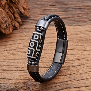 Tibetan Nine-Eyed Dzi Bead Ethnic Bracelet Leather Cord Stainless Steel Clasp Geometric Pattern Braided Wristband For Men Women Jewelry