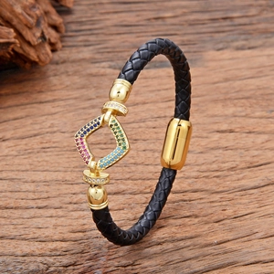 Heren Gevlochten Leren Touw Armband Met Koperen Zirconia Bedel Roestvrijstalen Magnetische Sluiting Minimalistische Sieraden Cadeau