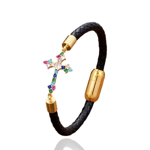 Handmade black braided leather bracelet with golden cross charm and colorful zircons