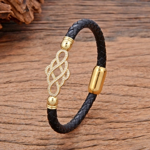 Vintage Braided Leather Cord Bracelet For Women With Zirconia Inlaid Copper Flower Infinite Knot Magnetic Clasp Jewelry