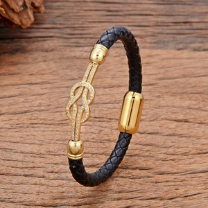 Vintage hand-woven black leather bracelet with gold infinity knot and cubic zirconia