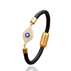 Bracelet en cuir noir tressé avec pendentif œil maléfique doré et fermoir magnétique
