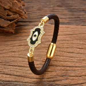 Bracelet Ethnique en Cuir Tressé Main de Fatma et Mauvais Œil pour Femmes Hommes Cuivre Incrusté de Zirconia Bijoux Unisexe Cadeau